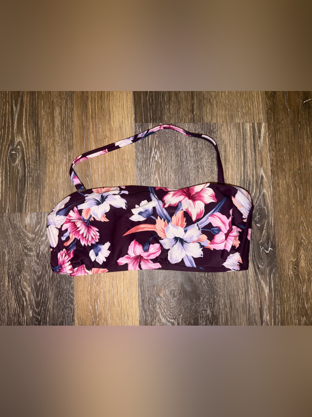 Kona Sol Burgundy Floral Bandeau Bikini Top with Pink and White Blooms